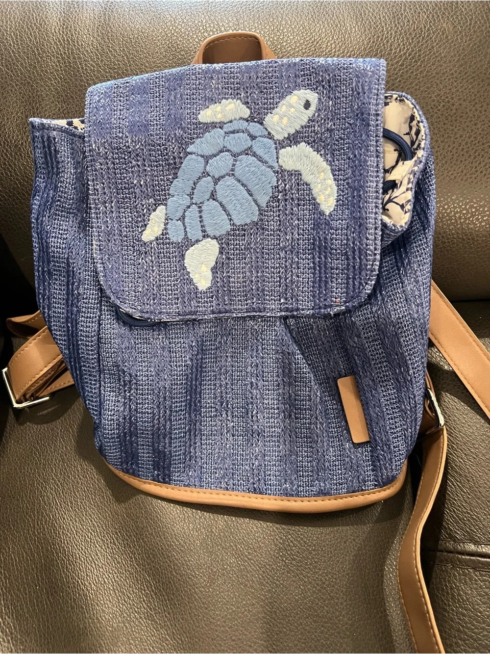 Vera Bradley Small Blue Turtle Embroidered Backpack with Tan Trim